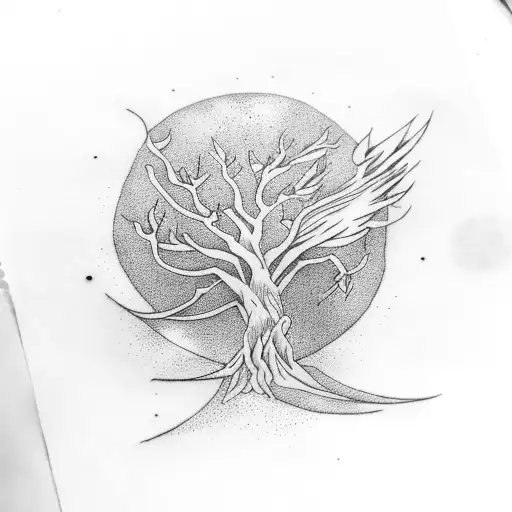 Phoenix With Windy Tree And Moon