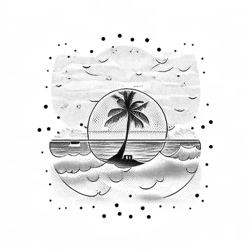 Beach Scene With Palm Trees And A Sun Made Of Dots