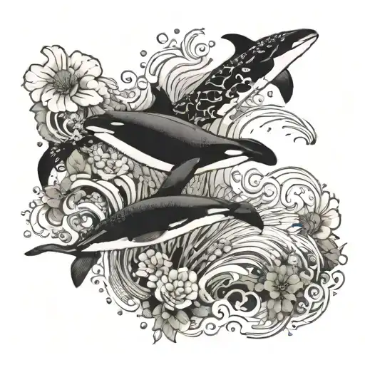 Turtles Flowers Waves Crashing In The Background With Killer Whale Jumping Out Of The Waves