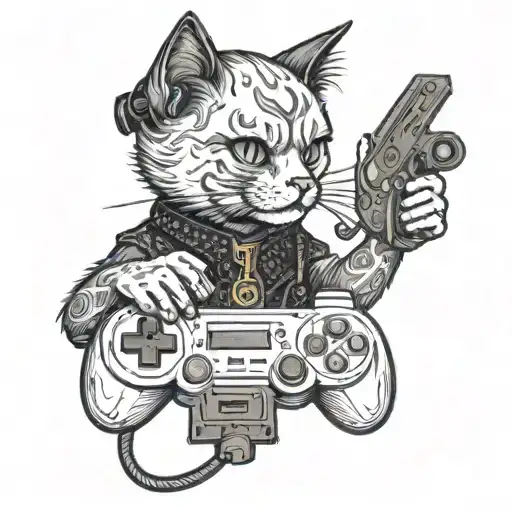 A Gothic Cat With A Skull Collar Playing A Video Game Controller