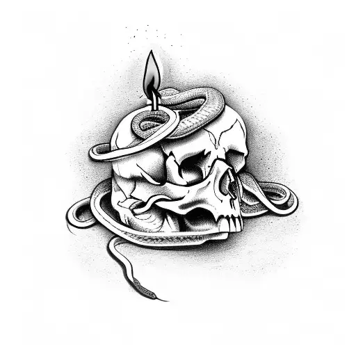 Snake Going Over A Skull With Wildflowers In Background And A Candle Burning Next To Skull