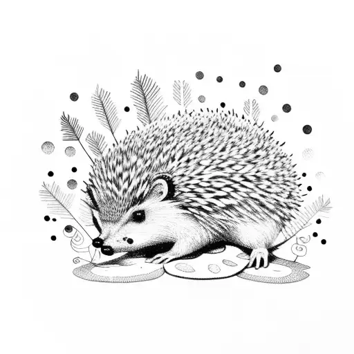 A Dotwork Design Of A Hedgehog Nestled Among Mushrooms And Ferns In The Forest