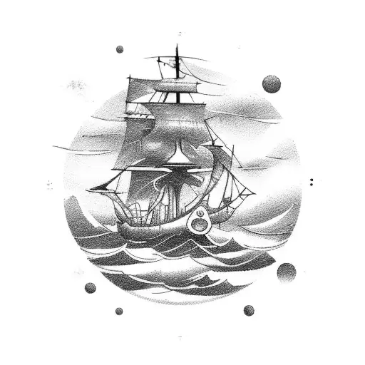 A Small Ship With Mast In A Coastline Enclosed With A Circle Knot