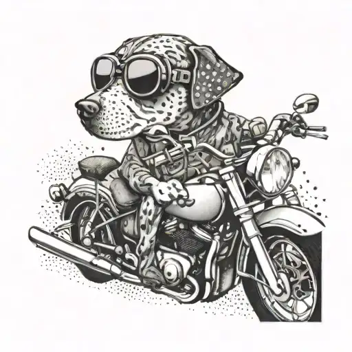 A Dotwork Tattoo Of A Dog Wearing Aviator Goggles Riding A Motorcycle