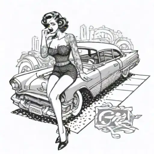 50S Inspired Topless Pin Up Girl With A Classic Car Background