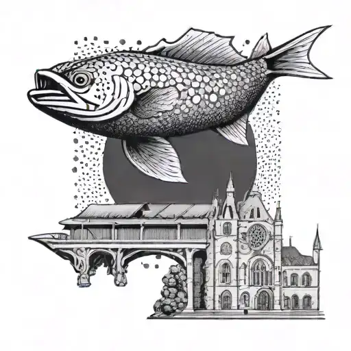 A Dotwork Tattoo Of A Majestic Saltwater Fish Leaping Over The Notre Dame Football Stadium