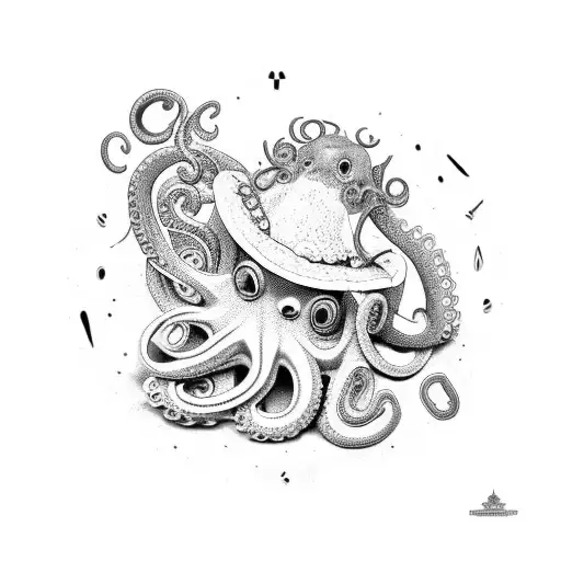 A Dotwork Tattoo Of A Mexican Landscape With An Octopus Playing Various Musical Instruments