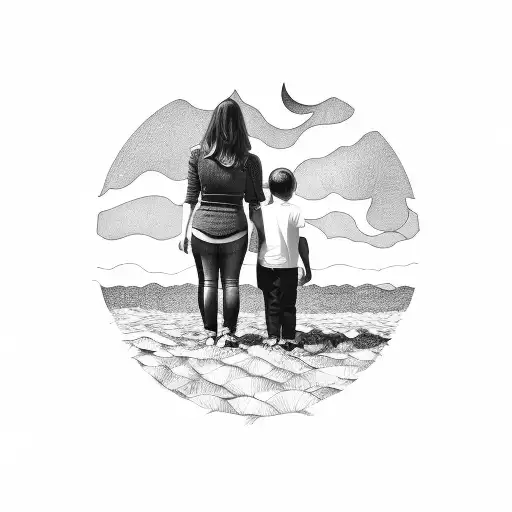 Mother Facing Backwards Holding Hands With A Son And Daughter