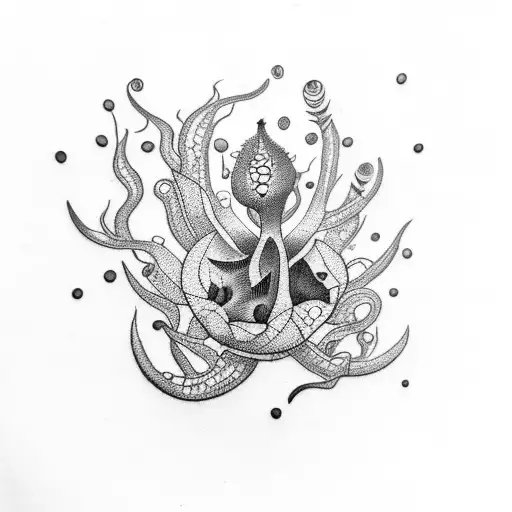 A Dotwork Tattoo Of A Carnivorous Plant With Geometric Patterns Forming Its Leaves