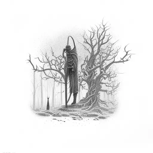 Grim Reaper Walking Cold Dark Forest Blood Red Sky