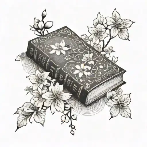 Book Surrounded By Narciss Flower And Cherry Blossom