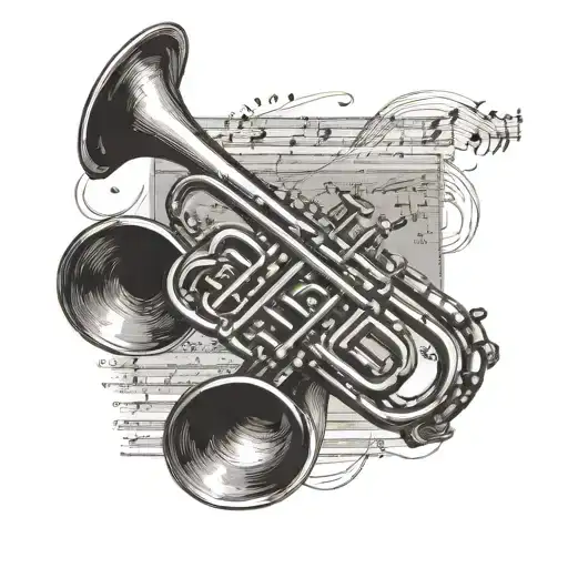 A Dotwork Tattoo Of A Music Sheet With A Trumpet As The Focal Point