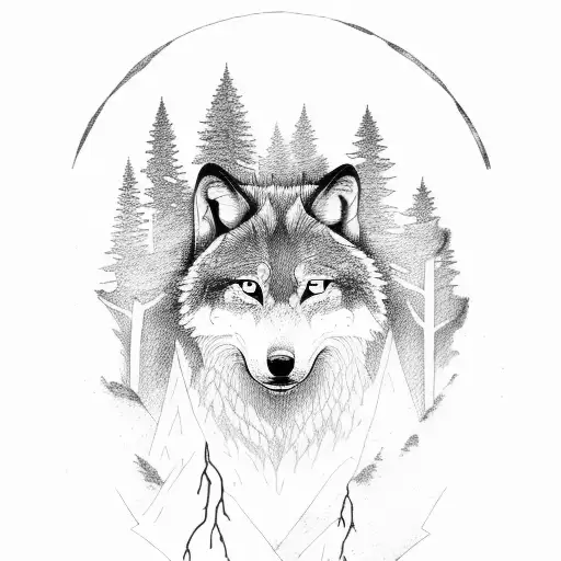 Forest With A Lightning Storm And A Wolf Howling