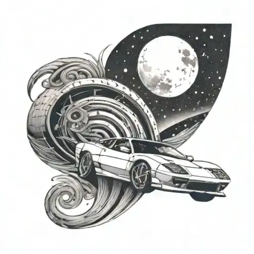 A Tattoo Of A Sleek Sports Car Speeding Under A Crescent Moon