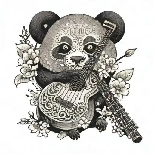 A Dotwork Tattoo Of A Traditional Japanese Music Instrument Surrounded By Cherry Blossoms And Pandas