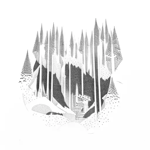 A Group Of Adventurers Trekking Through A Dense Forest With Towering Mountains In The Background