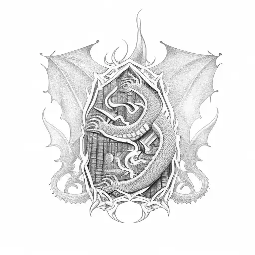 An Intricate Bookshelf Tattoo With Shelves Filled With Fantasy Novels And A Dragon Curled Around It