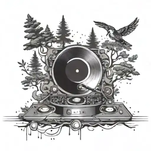 A Surrealistic Tattoo Of A Dj Mixing Music In A Forest Setting