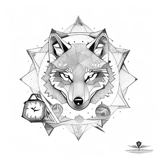 Geomatric Wolf With Clock And 3 Stars