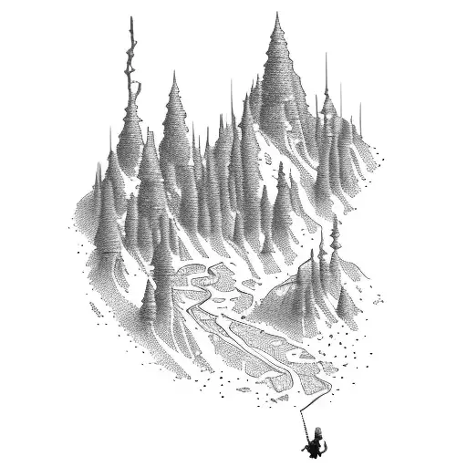 A Dotwork Map Of A Challenging Hiking Trail With A Sniper Rifle Incorporated Into The Design