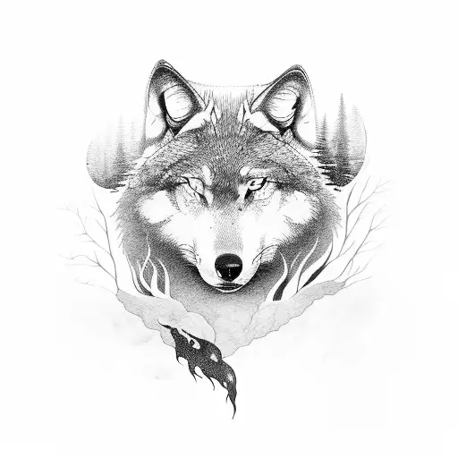 Forest With A Lightning Storm And A Wolf Howling