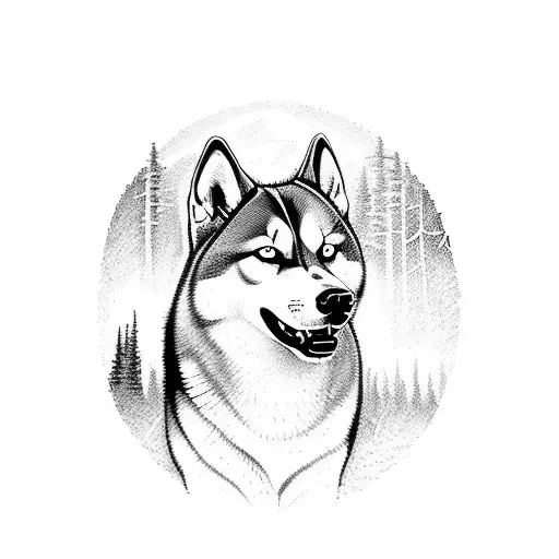 A River Flowing Through A Dense Forest With A Silhouette Of A Husky In The Foreground