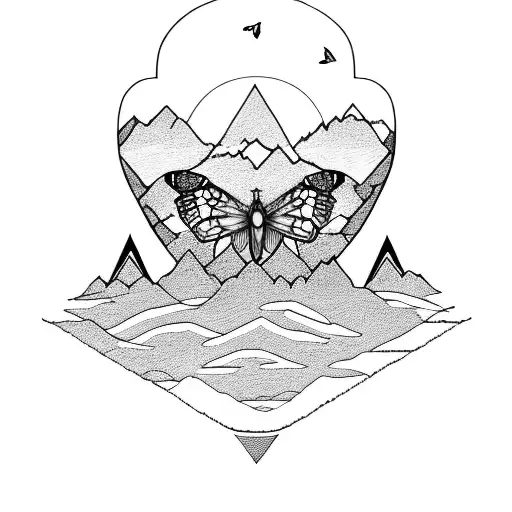 Mountain With Sunrise And A Butterfly