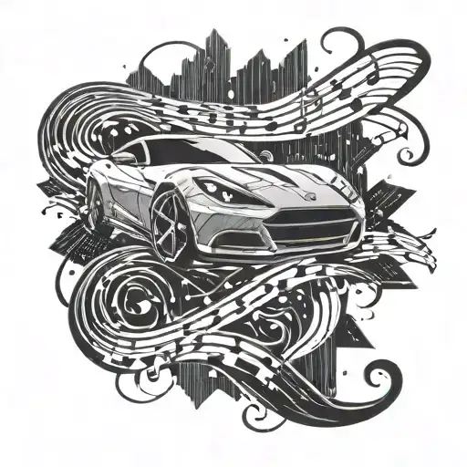 A Sleek Sports Car Speeding Down A Winding Road With Music Notes Trailing Behind