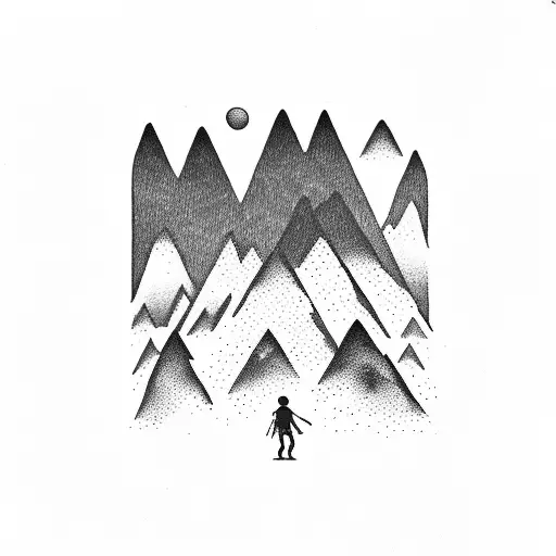 A Breathtaking Mountain Range With Silhouettes Of A Boy And Two Girls Hiking Together