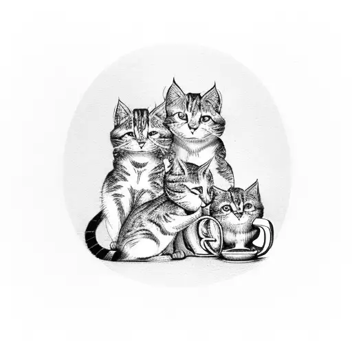 A Mother Cat With Her Three Kittens Curled Up Around A Coffee Mug