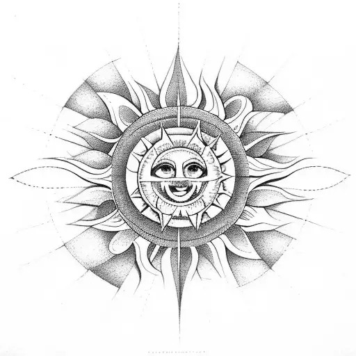 Geometric Sun Design Linear With Sanskrit Script In Dotwork