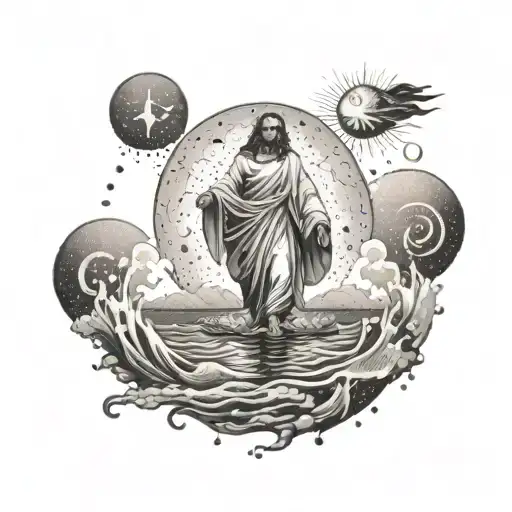A Dotwork Tattoo Of Jesus Walking On Water With Musical Symbols Surrounding Him