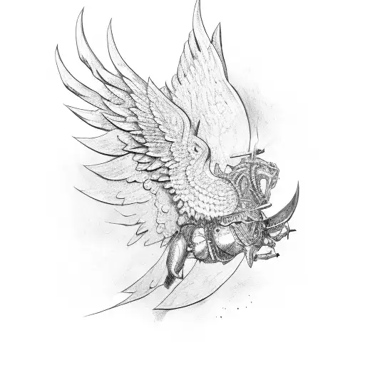 Armoured Men With Wings Standing Both Hand In Sword In The Middle