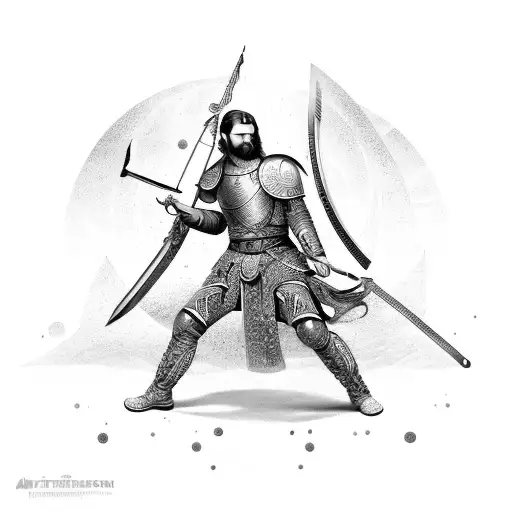 An Intricate Scythian Warrior Wielding A Sword Under A Starry Universe