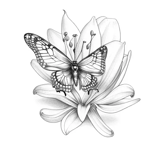 A Detailed Sketch Of A Butterfly And Hummingbird Perched On A Lily