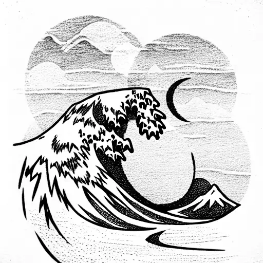 A Mountain With A Sunset On The Left And Wave With A Moon