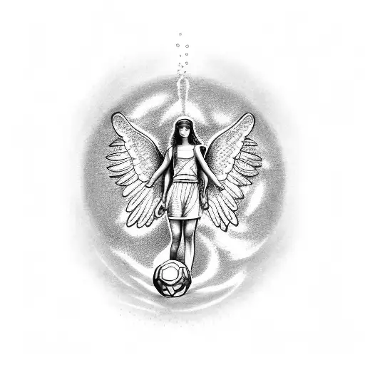 A Dotwork Tattoo Of An Angelic Figure Holding A Football With Water Flowing Around It
