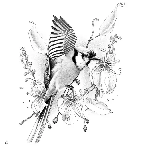 Blue Jay With Lily Of Valley And Poppy Flowers