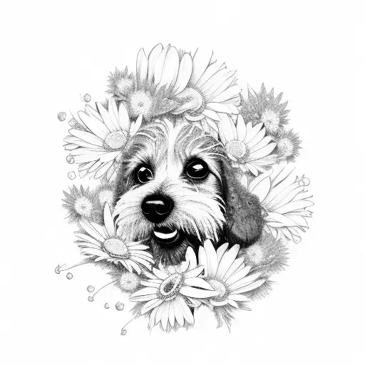 A Whimsical Dog Playing In A Park Filled With Daisies
