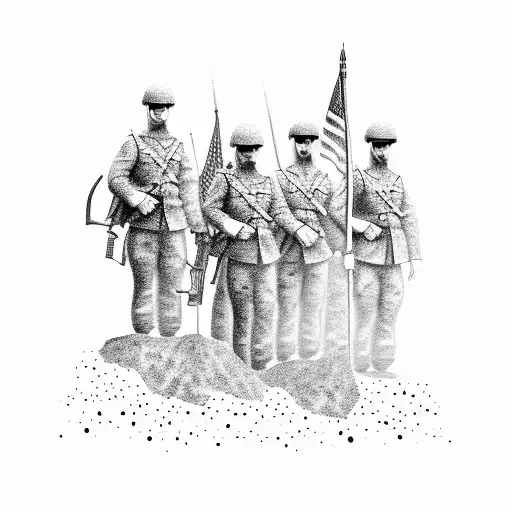 A Dotwork Tattoo Of Soldiers From Different Eras Standing Together In A War-torn Landscape
