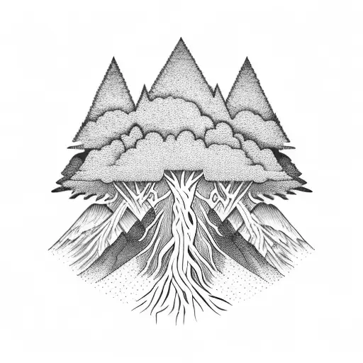 A Majestic Tree With Its Roots Extending Into The Shape Of Different Mountains