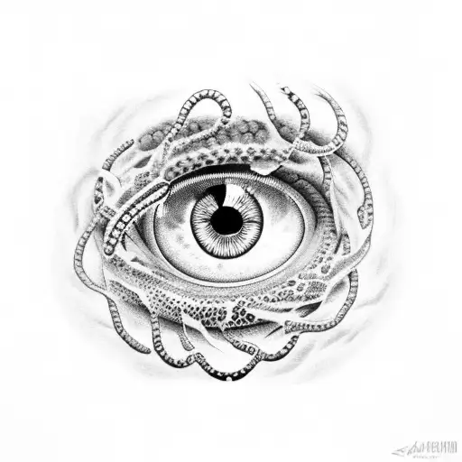 A Dotwork Tattoo Of An Eye With A Snake Coiled Around The Iris