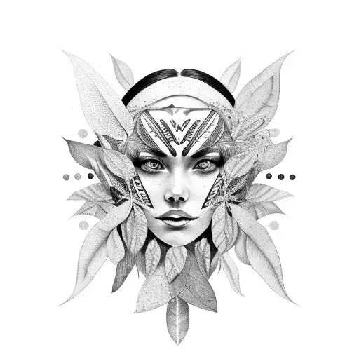 Tribal Woman Face And Chest With Tropical Plant As Hair