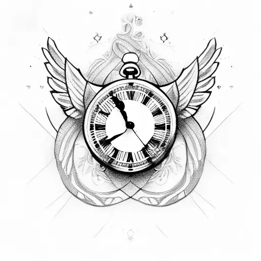 Cross With Angel Wings And Roses And Clock