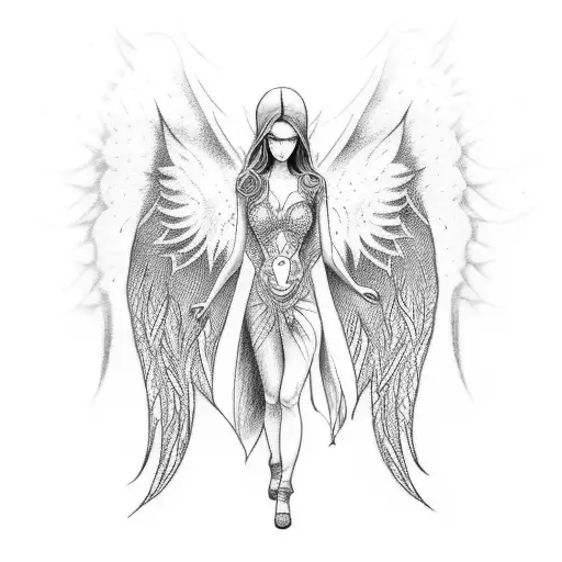 A Dotwork Tattoo Featuring Angel Wings With Subtle Hints Of Darkness And Malevolence