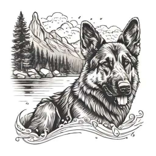 Create A Tattoo Of A German Shepherd Leading A Hiking Expedition By A River