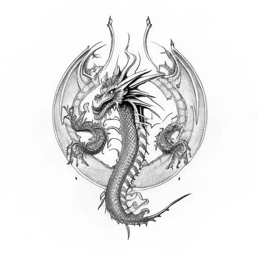 Dragon Medieval Black And White Outline Woodcut