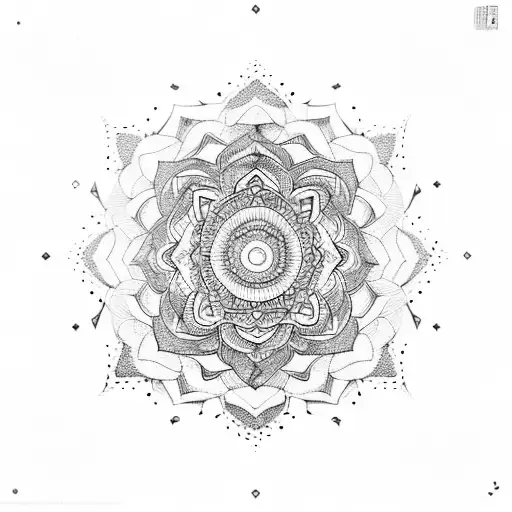 A Dotwork Mandala Design Incorporating Mountain Peaks And A Full Moon At The Center