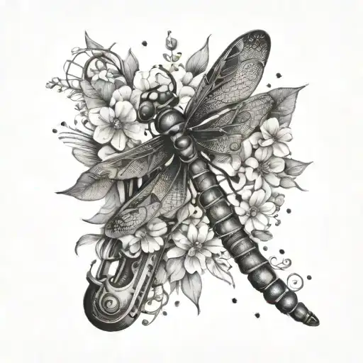 A Whimsical Design Featuring A Dragonfly Playing A Musical Instrument Among Flowers