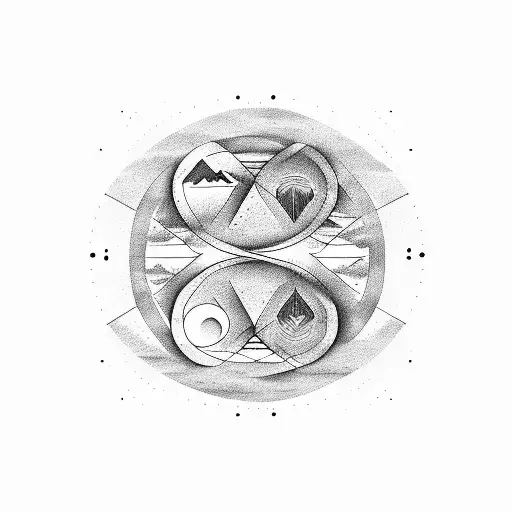 A Minimalist Design Of A Mountain Range With A Yin And Yang Symbol In The Sky